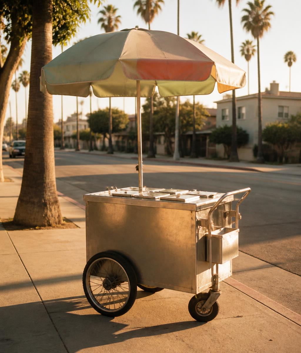 Traditional frozen treat pushcart on a Los Angeles street, reflecting the origins of Acapulco's Frozen Bars