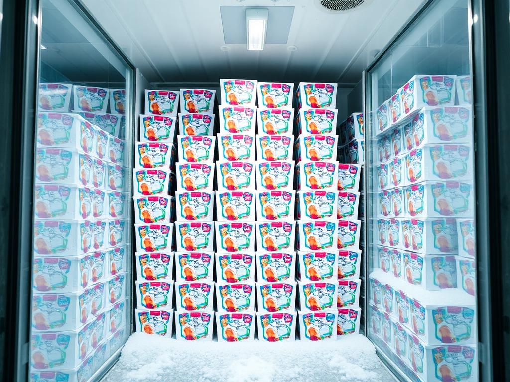 Cases of packaged ice cream stocked inside a commercial walk-in freezer